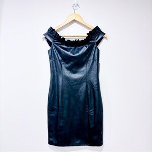 VENUS – Black faux leather off-shoulder mini dress with ruffle neckline *